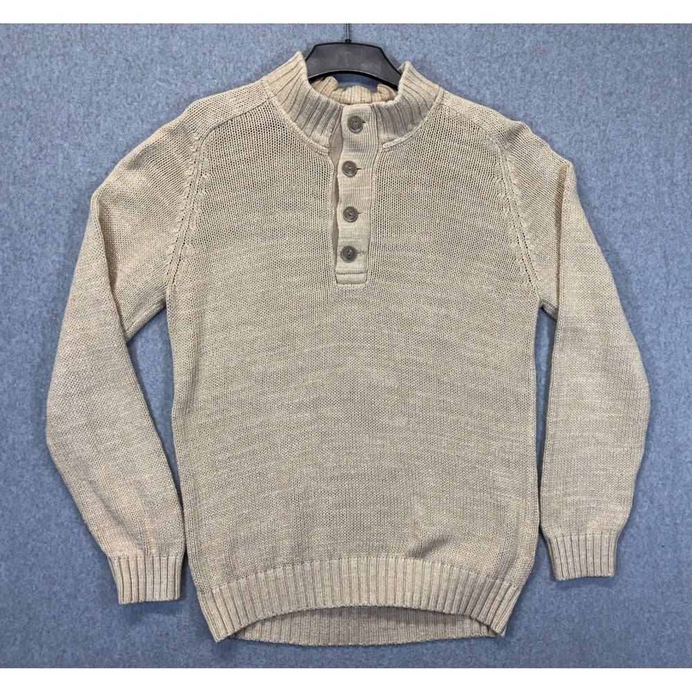 LL Bean Mens Large Tall Beige Cotton Shaker Stitch Mock Neck Henley Sweater